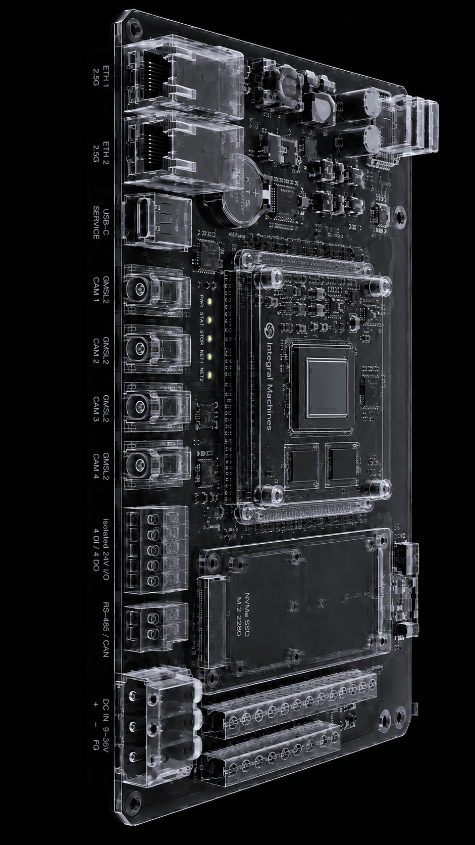 Integral Machines capture node: edge recorder board with GMSL2 camera inputs, isolated 24V I/O, RS-485/CAN and dual 2.5G Ethernet